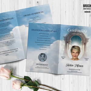 May include: A brochure template with a sky and cloud background. The brochure is open, displaying text and a portrait of Helen Mirren. The text includes the phrases "The Life of Helen Mirren", "Order of Services", and "Death is Nothing at All".