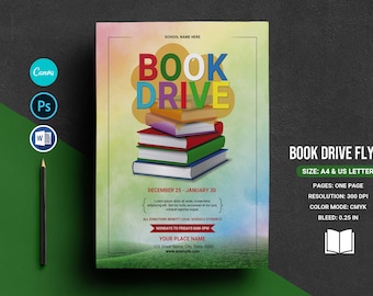 Customizable Book Drive Flyer Template - Promote Your Event with Ease | Ms Word , Photoshop and Canva Template | Instant Download