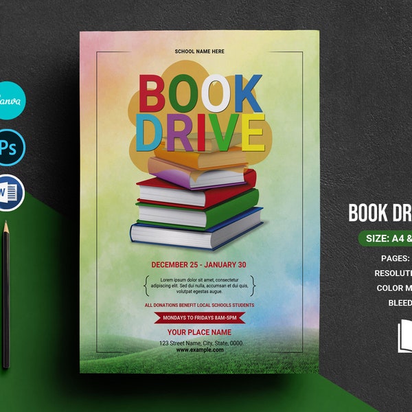 Book Drive Flyer Template | Ms Word , Photoshop and Canva Template | Instant Download