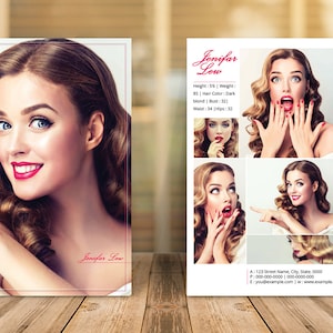 Op de afbeelding: Promotiekaart met een vrouw met blond haar en rode lippenstift. De kaart bevat de naam "Jenifar Low" en haar maten: Lengte 168 cm, Gewicht 85 kg, Borstomvang 81 cm, Taille 86 cm, Heupen 81 cm. Extra afbeeldingen en contactgegevens.