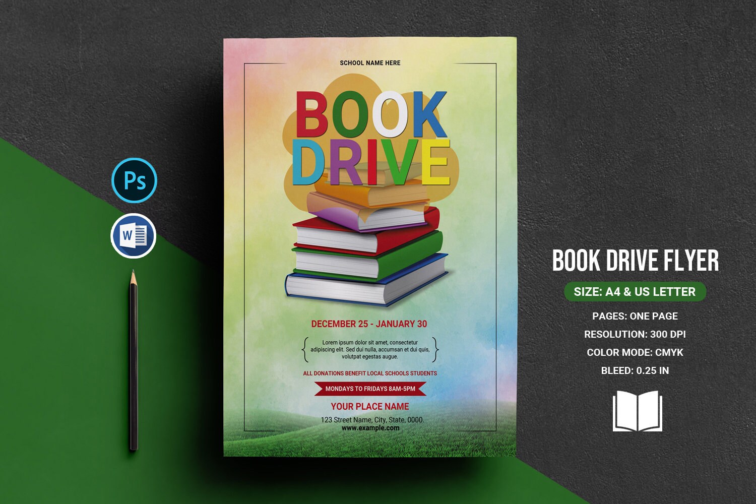 Book Drive Flyer Template Ms Word &amp; Photoshop Template | Etsy