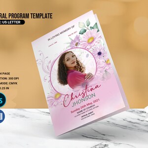 Szablon programu pogrzebowego z motywem kwiatowym, szablon nekrologu, szablon Photoshop i MS Word | V63