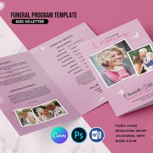 Szablon programu pogrzebowego, szablon pogrzebu „Niebiańska Gołębica” w programie Word, szablon nekrologu, szablon Photoshop, MS Word i Canva | V55