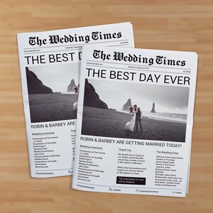 Pode incluir: Um an&uacute;ncio de casamento falso em um jornal com a manchete "O melhor dia de todos" que mostra uma foto de um casal em uma praia com uma cordilheira de montanhas ao fundo. O texto diz "Robin & Barbey est&atilde;o se casando hoje!" e inclui detalhes sobre a cerim&ocirc;nia e a recep&ccedil;&atilde;o do casamento.