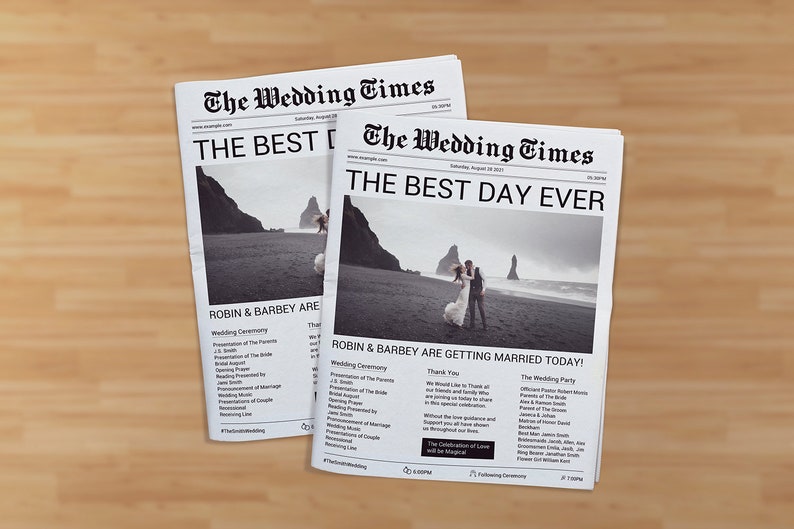 Pode incluir: Um an&uacute;ncio de casamento falso em um jornal com a manchete "O melhor dia de todos" que mostra uma foto de um casal em uma praia com uma cordilheira de montanhas ao fundo. O texto diz "Robin & Barbey est&atilde;o se casando hoje!" e inclui detalhes sobre a cerim&ocirc;nia e a recep&ccedil;&atilde;o do casamento.