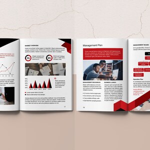 May include: A three-page business plan document with red and black accents. The first page shows a market analysis with a graph and a hand drawing. The second page shows a market overview with a graph and a hand holding papers. The third page shows a management plan with a hand typing on a laptop.