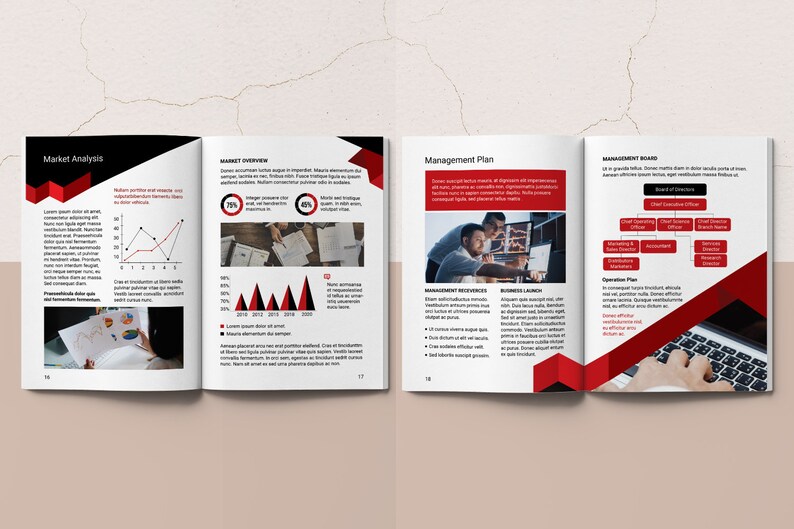 May include: A three-page business plan document with red and black accents. The first page shows a market analysis with a graph and a hand drawing. The second page shows a market overview with a graph and a hand holding papers. The third page shows a management plan with a hand typing on a laptop.