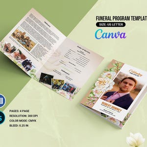 Szablon programu pogrzebowego, szablon nekrologu do druku, edytowalny szablon Canva, Photoshop i MS Word | Natychmiastowe pobranie V47