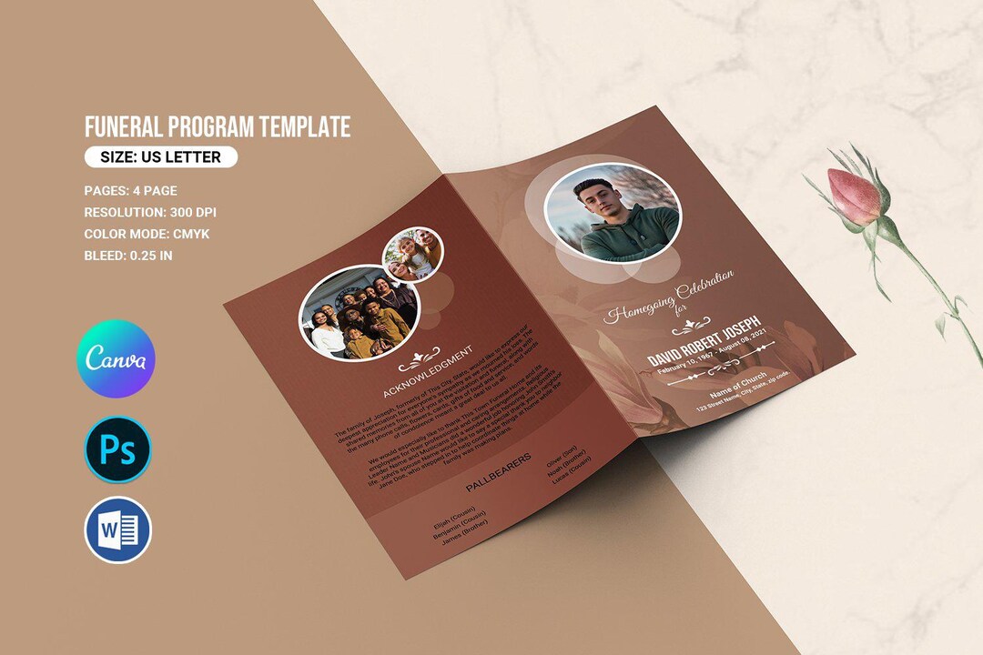 Elegant Funeral Program Template, Funeral Template Word, Floral ...