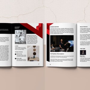 May include: A three-page business plan document with red and black accents. The document includes sections for business description, business idea, mission statement, and the team. The document also includes images of people working on computers and a person standing in front of a whiteboard.