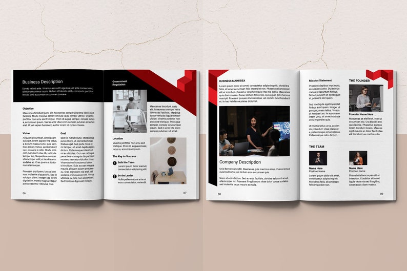 May include: A three-page business plan document with red and black accents. The document includes sections for business description, business idea, mission statement, and the team. The document also includes images of people working on computers and a person standing in front of a whiteboard.