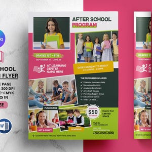 Puede incluir: Un folleto verde y amarillo para un programa extracurricular. El folleto incluye información sobre el programa, incluyendo los grados para los que es, los días y horarios en que se lleva a cabo, y el costo. El folleto también incluye una lista de los programas ofrecidos, como ayuda con la tarea, actividades recreativas, y clases de arte y manualidades. El folleto está decorado con imágenes de niños participando en el programa.