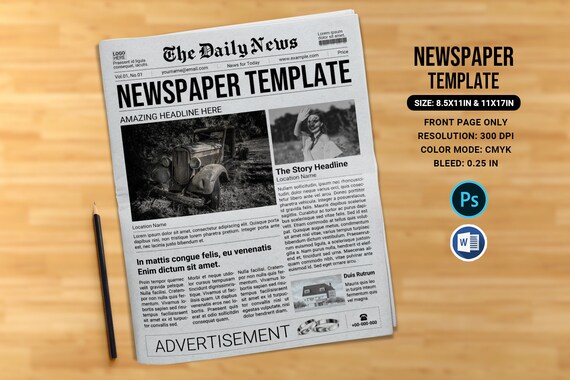 One Page Newspaper Template Adobe Photoshop & MS Word | Etsy UK