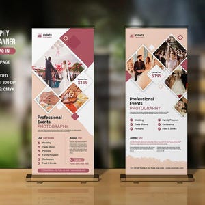 May include: Two roll-up banners for professional events photography. Each banner is 30x70 inches and features images of weddings and events. The design includes text and graphics, with the words "Professional Events Photography" prominently displayed.