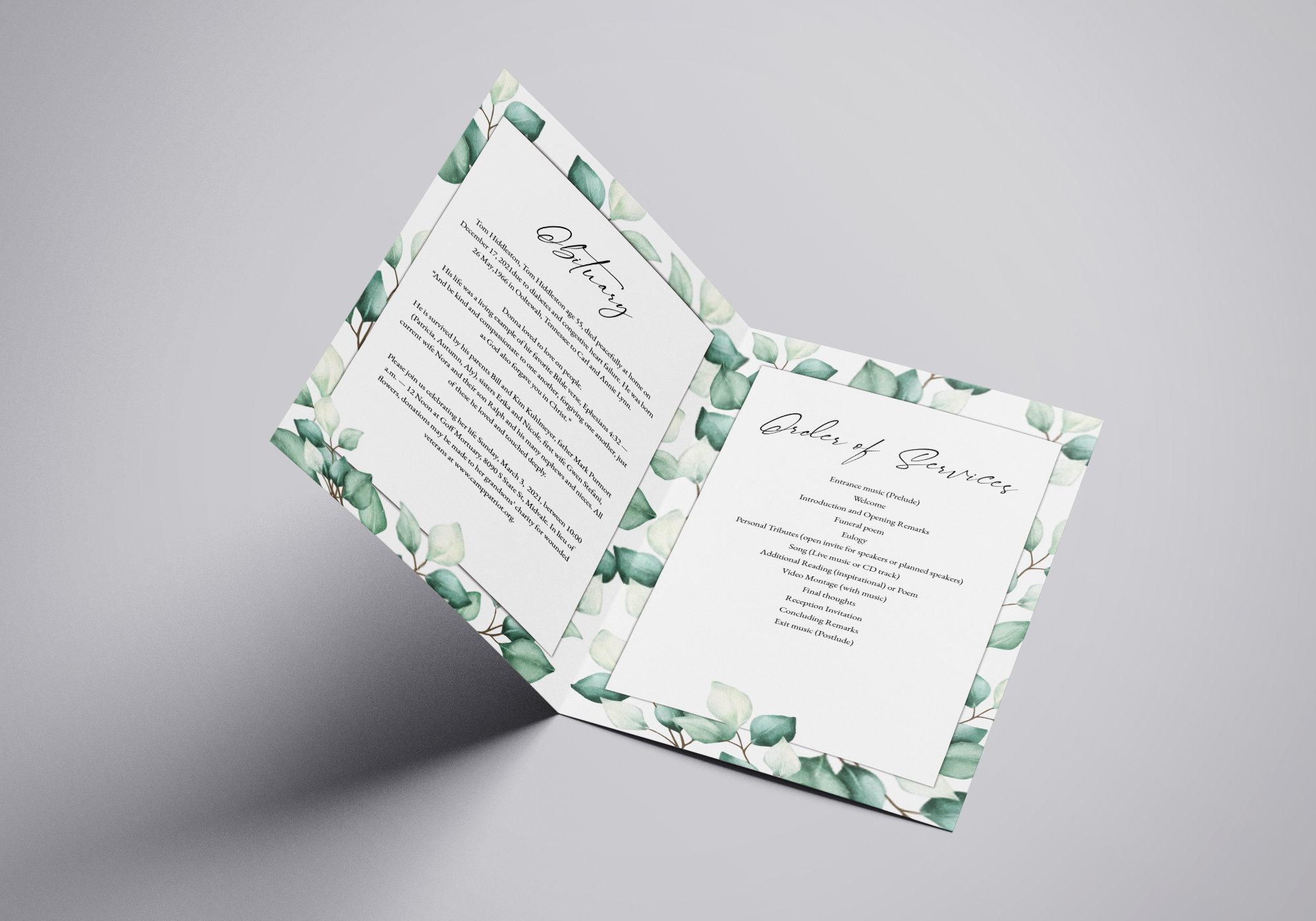 Green Leaves Funeral Program Template, Obituary Template , Editable ...