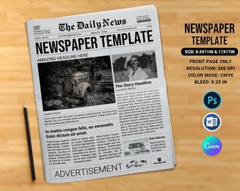 Plantilla de periódico de una página, / Plantilla de Canva, Adobe Photoshop y MS Word / / Descarga instantánea