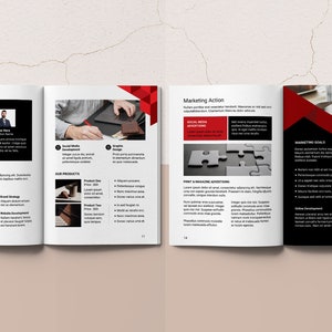 May include: A brochure with a red and white color scheme. The brochure features a business plan with sections for services and products, marketing action, and marketing goals. The brochure also includes images of people working on a laptop and a puzzle.
