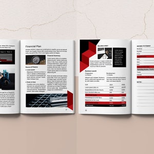 May include: A financial plan document with a red and black color scheme. The document includes sections for the work process, financial plan, balance sheet, and income statement. The document includes charts, graphs, and tables.