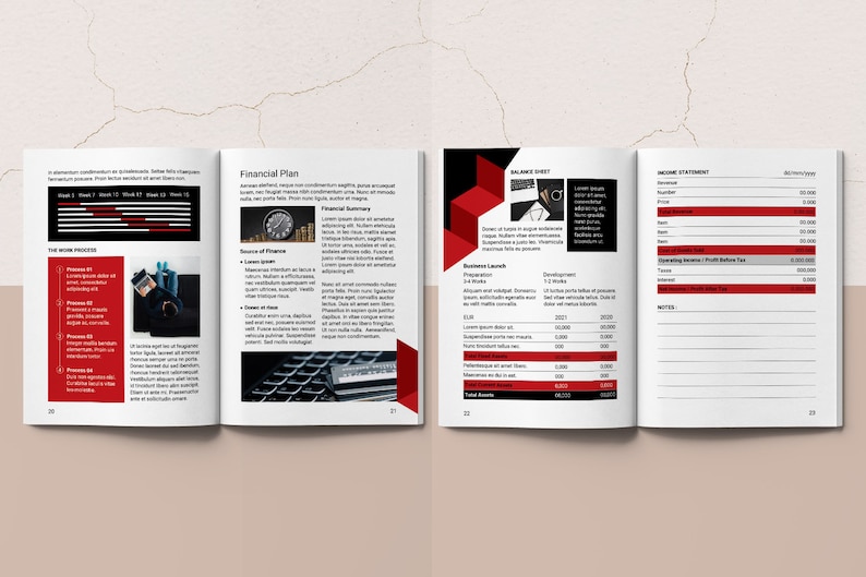 May include: A financial plan document with a red and black color scheme. The document includes sections for the work process, financial plan, balance sheet, and income statement. The document includes charts, graphs, and tables.