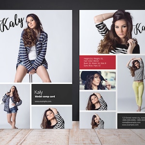 May include: A model comp card with several images of a woman, showcasing different poses. The card displays the name "Kaly" in a cursive font, alongside personal details like height, weight, and measurements. The background is a light grey.
