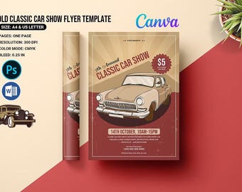 Modello di volantino per esposizione di auto d'epoca / Modello MS Word, Photoshop e Canva, download immediato