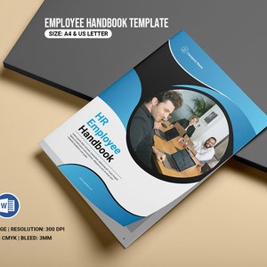May include: An HR Employee Handbook template with a blue and white design. The cover features the text "HR Employee Handbook" and a photo of people in a meeting. The template is sized for A4 and US Letter.