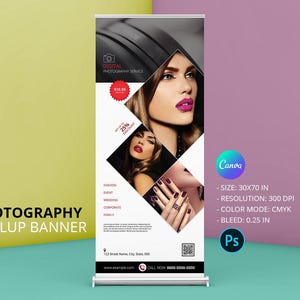 Może przedstawiać: Baner rolowany do fotografii z wizerunkami kobiet z makijażem i manicure. Baner zawiera tekst "Digital Photography Service" oraz szczegóły dotyczące rozmiaru, rozdzielczości, trybu kolorów i spadu.
