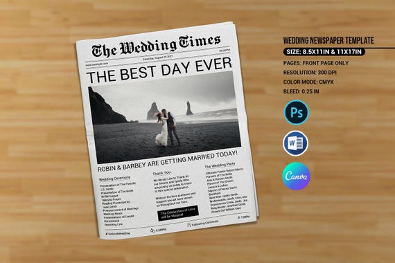 Wedding Newspaper Program Template | Canva, Ms Word and Photoshop Template | Instant Download