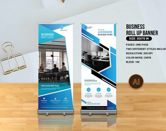 Plantilla de banner corporativo enrollable: 30 x 70 pulgadas, Adobe Illustrator (descarga instantánea)