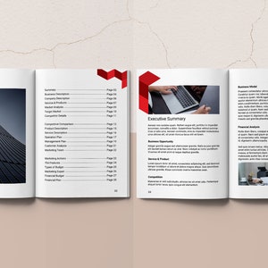 May include: A business plan document with a table of contents, executive summary, and business model sections. The document features a red and black color scheme with geometric shapes.