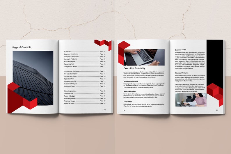 May include: A business plan document with a table of contents, executive summary, and business model sections. The document features a red and black color scheme with geometric shapes.