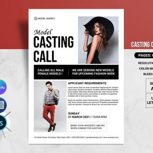 May include: Black and white flyer with the text "Model Casting Call" and a photo of a woman wearing a black hat and dress. The flyer is for a casting call for male and female models for an upcoming fashion week. The flyer includes the date and time of the casting call, as well as the requirements for applicants.