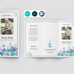 Szablon programu pogrzebowego z trzema kwiatowymi elementami: Broszura z nekrologiem (Photoshop, MS Word, Canva)