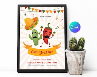 Cinco De Mayo Party Flyer | Cinco De Mayo Invitation Template | Canva, Ms Word and Photoshop Template, Instant Download V01