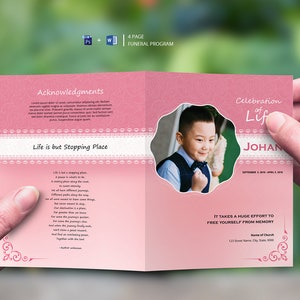 May include: Pink and white funeral program with a photo of a young boy. The program includes the text "Celebration of Life" and "Johan". The text "Life is but Stopping Place" is also included.