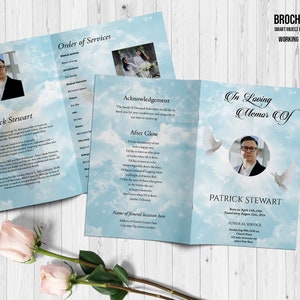 May include: A brochure template with a light blue sky and cloud design. The brochure includes photos, text, and the words "In Loving Memory Of" and "Patrick Stewart". The brochure also includes the words "Order of Services" and "Acknowledgement".