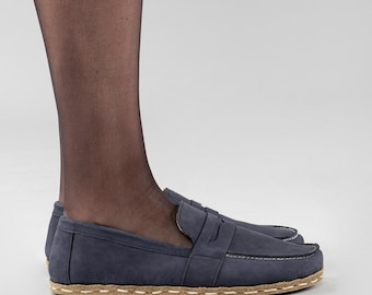 Mens Penny Shoes, Mens Barefoot Shoes, Navy Nubuck Handmade Shoes, Leather Grounding Shoes, Earthing Mens Flat Shoes, Minimalist Shoes