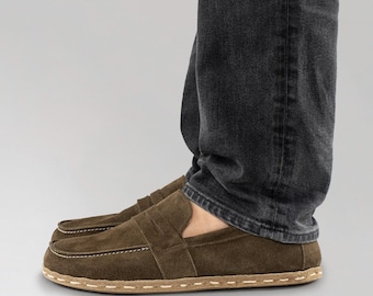 Mens Penny Shoes, Mens Barefoot Shoes, Khaki Green Suede Handmade Shoes, Leather Grounding Shoes, Earthing Mens Flat Shoes, Minimalist Shoes