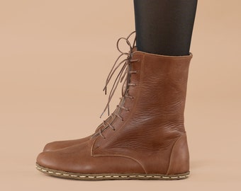 Women Brown Barefoot Boots, Earthing Boots, Handmade High Ankle Boots, Brown Leather Boots With Zipper, Grounding Boots, Laced Up Boots