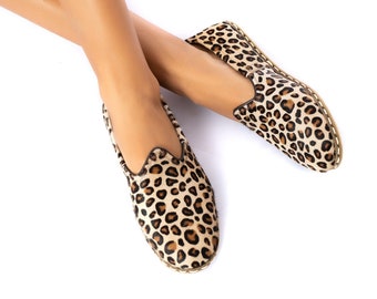 Womens Leopard Printed Leather Handmade Slip On, Turkish Shoes Women, Handmade Flat Shoe, Leopard Print Shoe, Mothers Day Gift