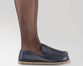 Women Barefoot Moccasin Shoes, Women Grounding Shoes, Barefoot Blue Minimalist Shoes, Earthing Women Flats, Wide Leather Shoes