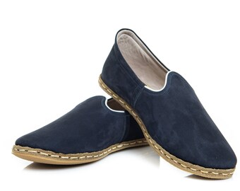 Mens Navy Color Nubuck Leather Slip Ons, Turkish Yemeni Shoes, Handmade Leather Loafers, Flat Men Shoes, Gift for Him, Fathers Day Gift