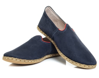 Mens Navy Color Nubuck Leather Slip Ons, Turkish Yemeni Shoes, Handmade Leather Loafers, Flat Men Shoes, Gift for Him, Fathers Day Gift