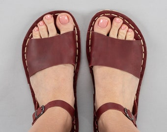 Women Barefoot Sandals, Open Toe Grounding Sandals, Red Earthing Sandals for Women, Leather Barefoot Wide Flat Sandals, Gifts for Her