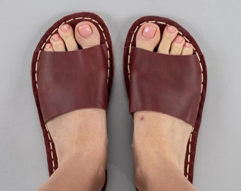 Women Barefoot Slide Sandals, Grounding Slide Sandals, Red Earthing Sandals for Women, Leather Barefoot Wide Flat Sandals, Gifts for Her