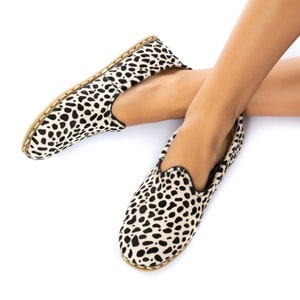 Womens Black Dots Leather Handmade Slip On, Turkish Shoes Women, Handmade Flat Shoe, Black Dots with Calf Hair, Christmas Gift