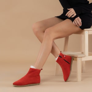 Womens Red Shearling Boots, Red Color Suede Winter Boots, Sheepskin Lining Boots, Handmade Boots, Shearling Boots, Christmas Gift