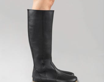 Women Black Barefoot Boots, Earthing Boots, Handmade Knee High Boots, Leather Boots With Zipper, Grounding Boots, Laced Up Boots, Gift,
