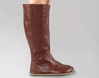 Women Peru Brown Barefoot Boots, Earthing Boots, Handmade Knee High Boots, Brown Leather Boots With Zipper, Grounding Boots, Leather Boots