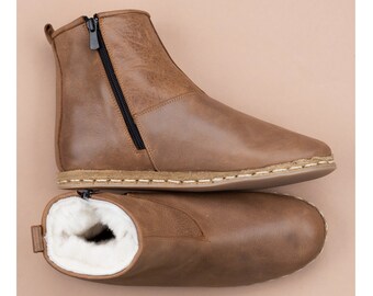 Mens Zaragoza Brown Turkish Shearling Boots, Leather Winter Boots, Travel Boots, Shearling Boots, Sheepskin Lining Boots, Christmas Gift
